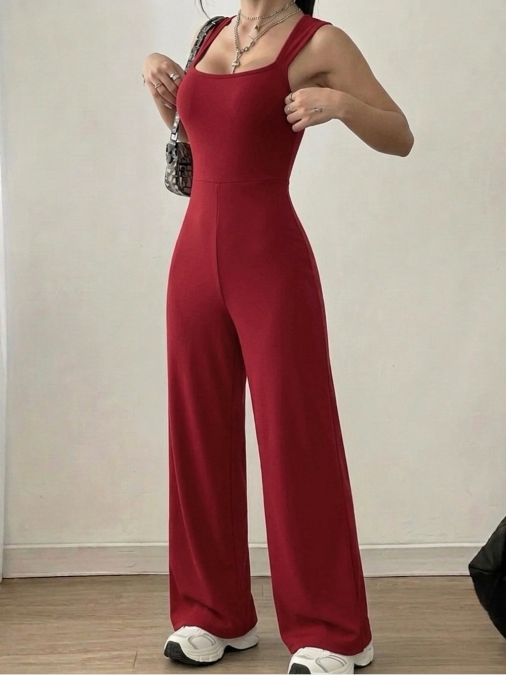 Square-Neck Wide-Leg Jumpsuit in Burgundy